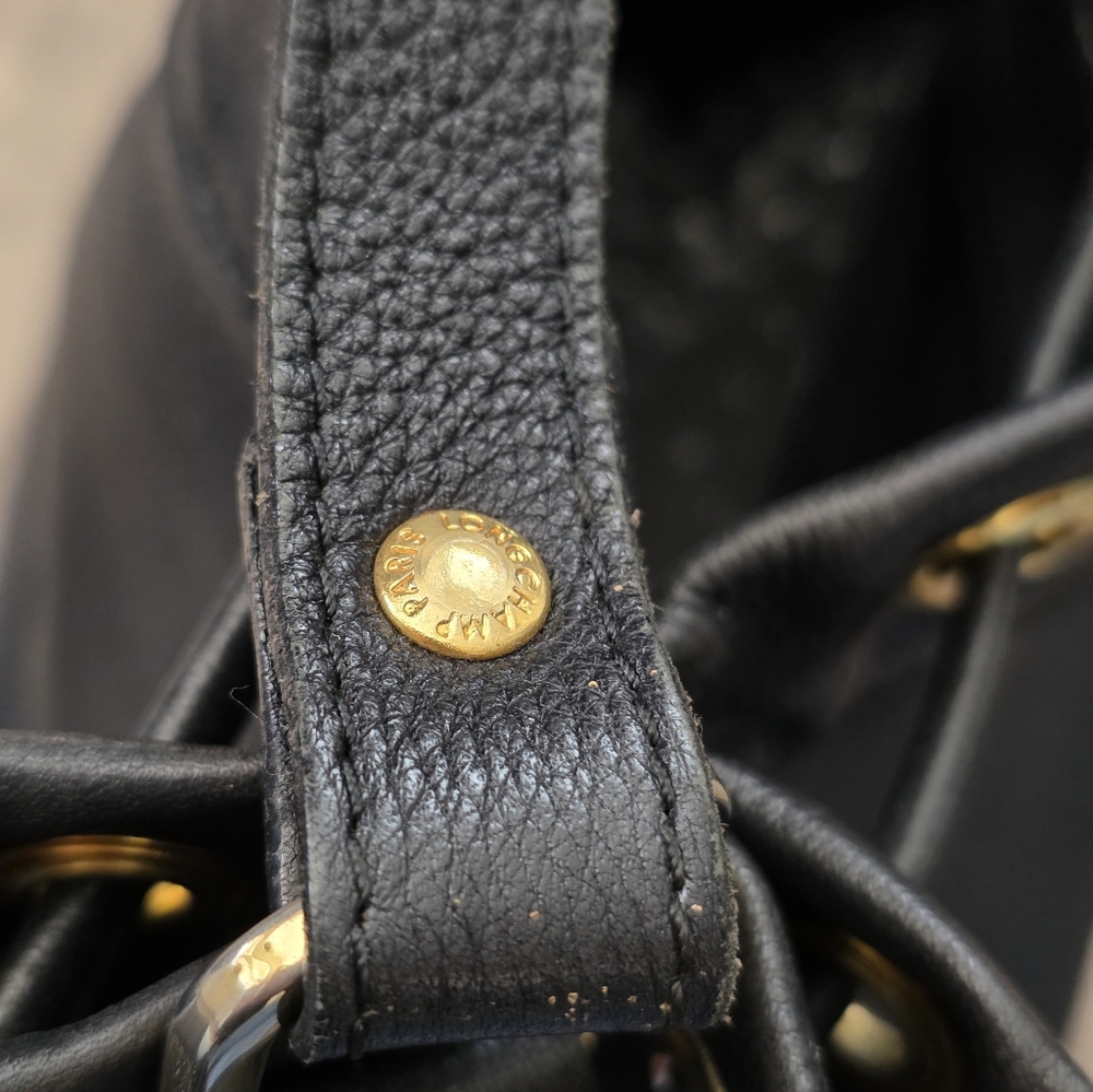 LONGCHAMP BUCKET BAG Black Leather Drawstring 2000s Vintage Designer Y2K - Picture 3 of 15